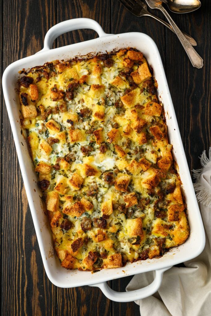Breakfast casserole in a baking dish.