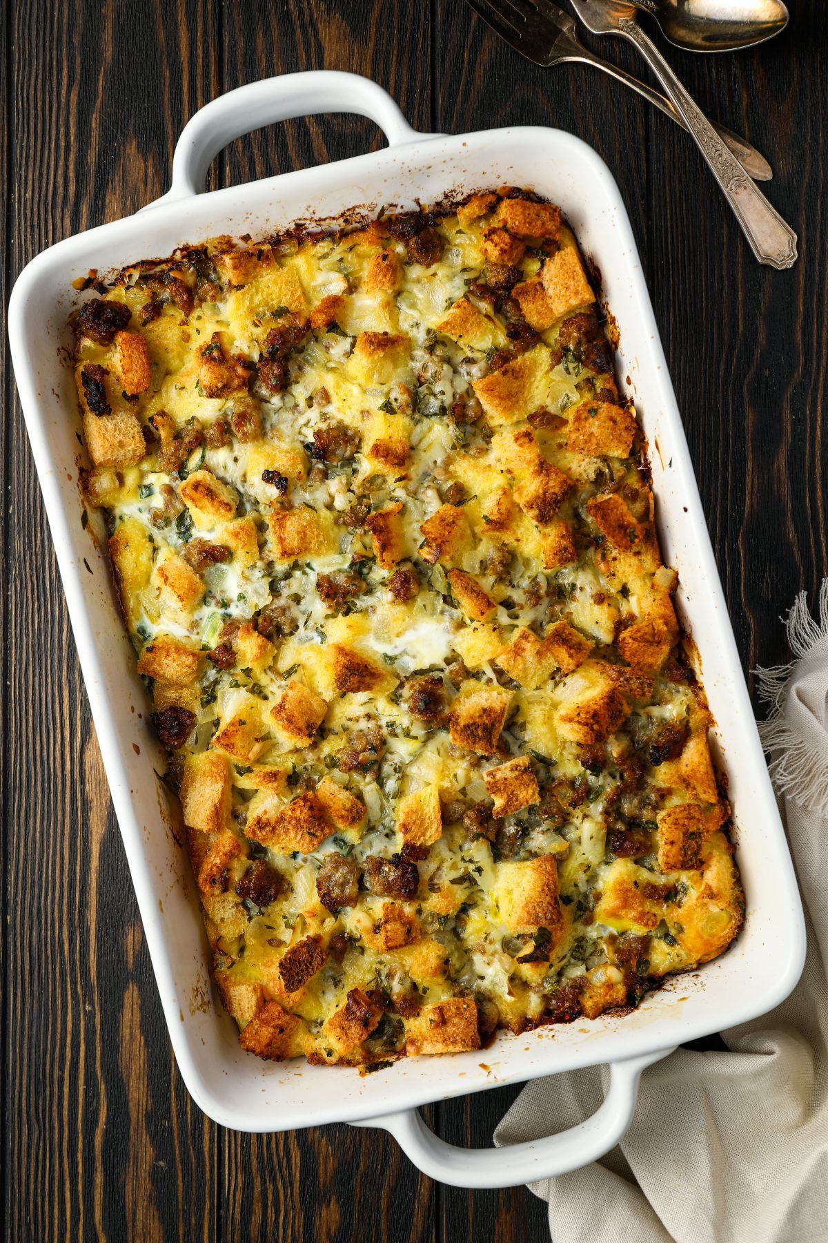 Breakfast casserole in a baking dish.