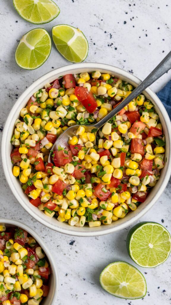 corn salsa in white bowl with limes and spoon next to bowl