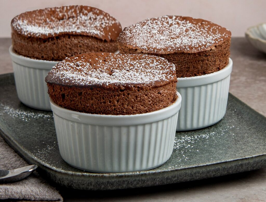 chocolate souffles on serving tray.