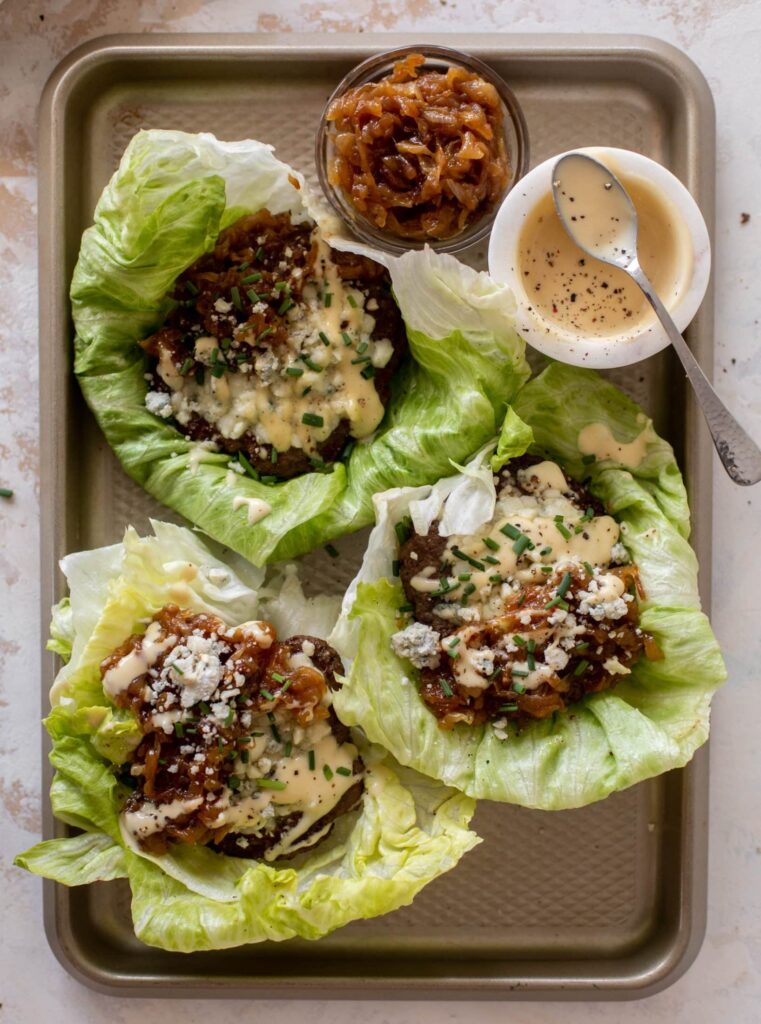 Lettuce Wrap Burgers with Caramelized Onions and Blue Cheese