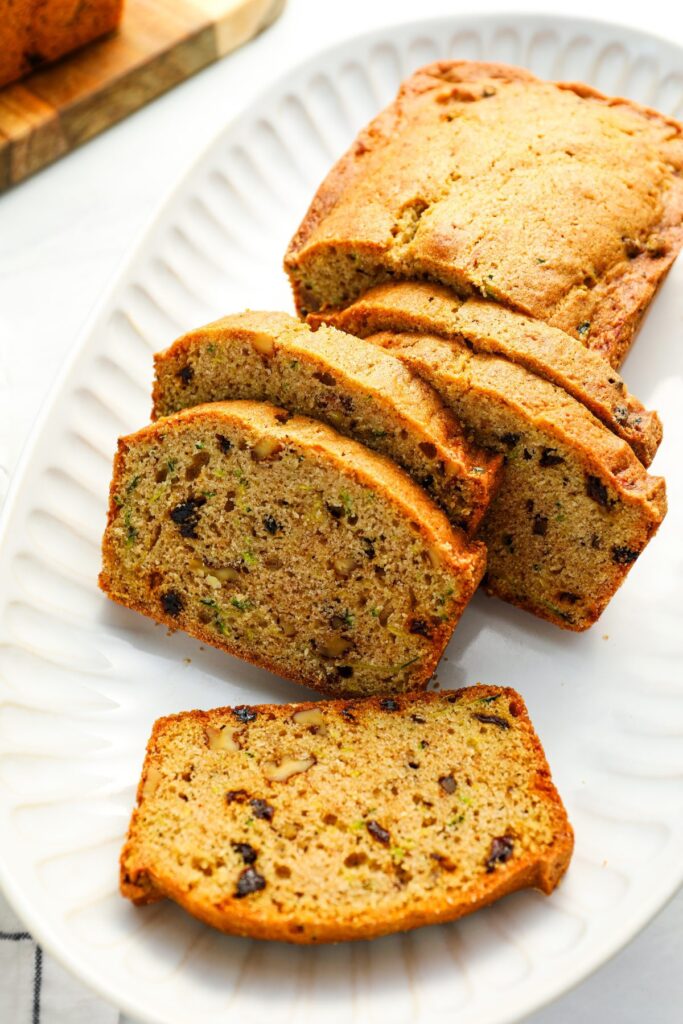 sliced zucchini bread on platter